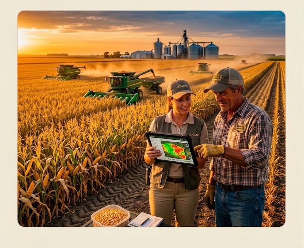 Consultora 4Kare e produtor analisando dados no tablet no meio da lavoura